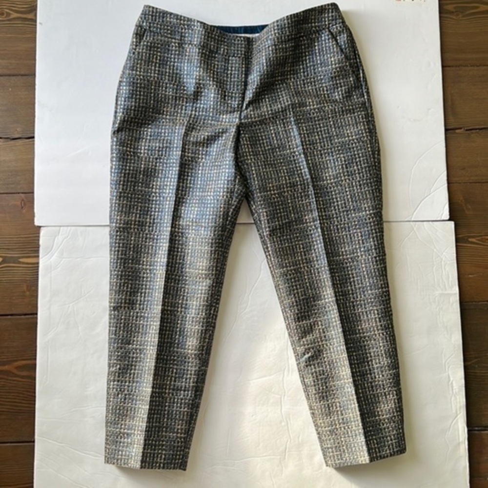 Boden jacquard blue and gold metallic fibers cropped pants straight leg trouser